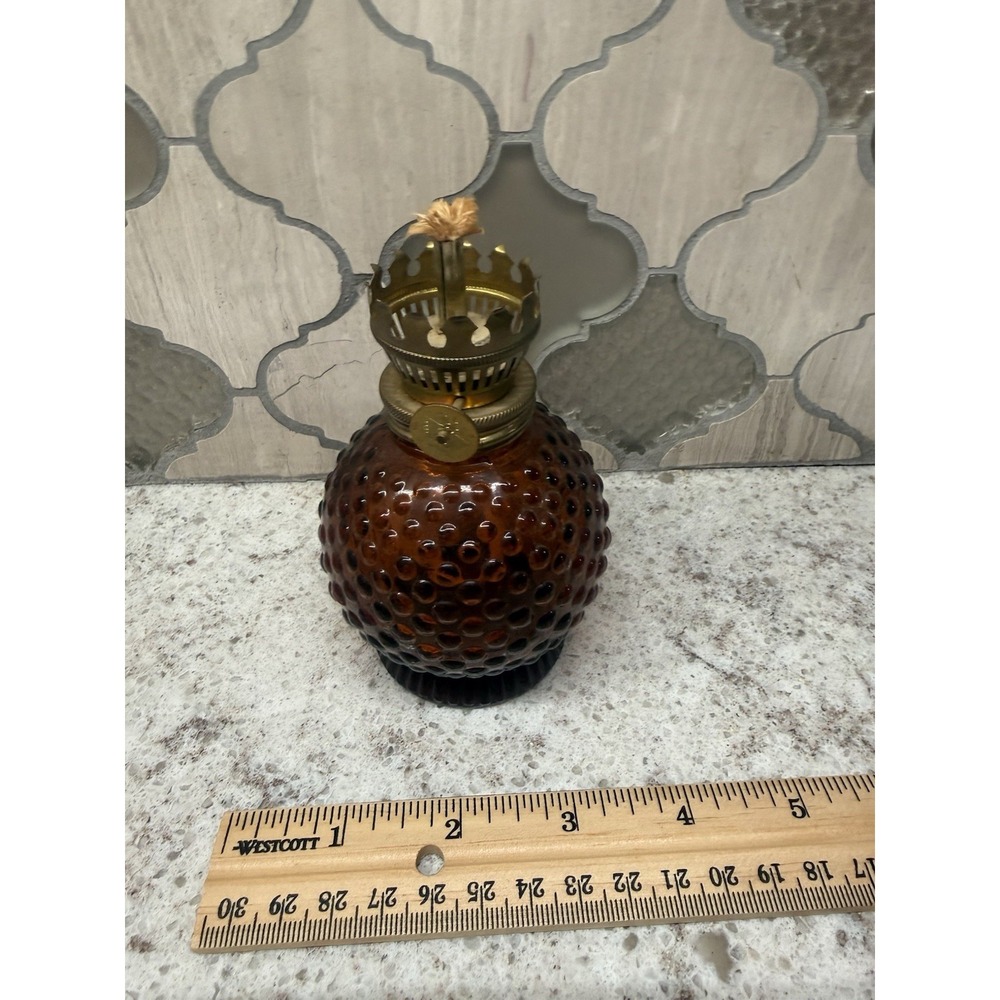 VTG Oil Lamp Hobnail Amber Colored RARE Small Brass Burner No Top Made‎ in Japan